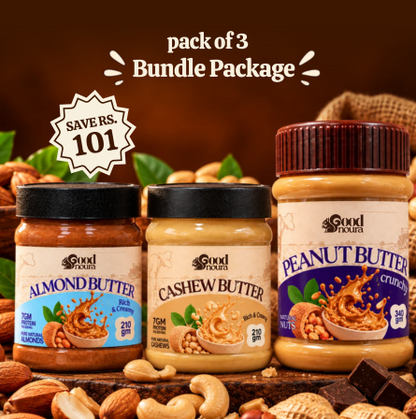 The Nut Lover's Trio - Almond (210g) + Cashew (210g) + Crunchy Peanut Butter (340g)
