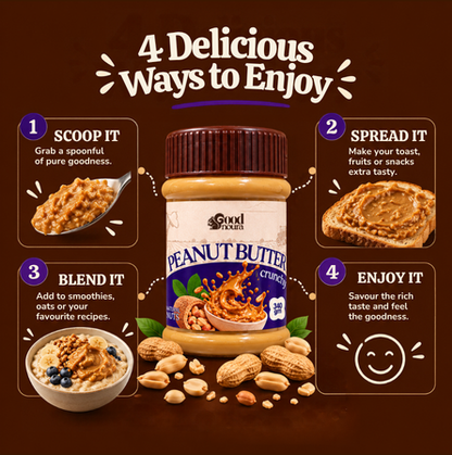 Crunchy peanut butter with visible peanut pieces on a spoon
